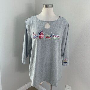 Quacker Factory Womens Plus 2X Gray Patriotic Embroidered 3/4 Sleeve Tunic Top